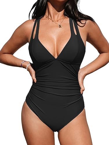 CUPSHE Women's One Piece Swimsuit Tummy Control Deep V Neck Double Straps Crisscross Back Tie Bathing Suit( Black)