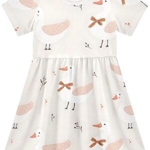 Girls Cute Duck Theme Summer Dresses Toddler Short Sleeve A-Line Dress(Beige duck)