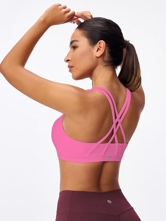 Women's Strappy Sports Bras Light Compression Crop Criss Cross Back Padded Workout Yoga Bra Supportive U Neckline( Hot Pink) - Image 3