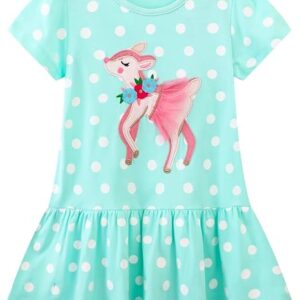 Girls Cotton Embroidery Applique Short Sleeve Dresses(Deer)