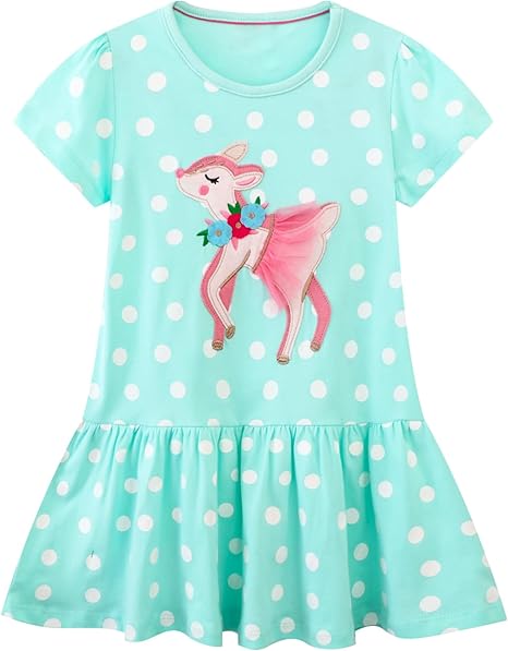 Girls Cotton Embroidery Applique Short Sleeve Dresses(Deer)