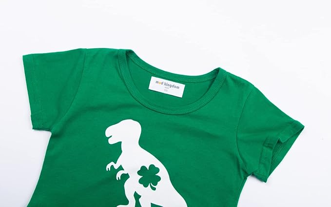 Little Girls Dresses Cotton Summer Holiday Cute Cat Dress Short Sleeve (Green Clover Dinosaur) - Image 4