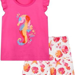 Toddler Girl Summer Short Outfit Sets Cotton Short Sleeve Tops Tees Shorts Clothing Sets(roseseahorse)