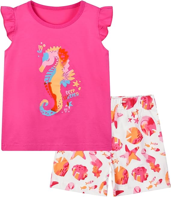 Toddler Girl Summer Short Outfit Sets Cotton Short Sleeve Tops Tees Shorts Clothing Sets(roseseahorse)