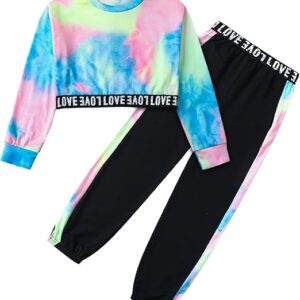 Girls 2 Piece Outfits Girls Cropped Sweatsuit Pants Outfit Clothes Set(Blue pink)