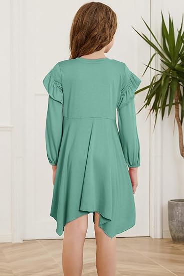 Girls Long Sleeve High Low Dresses Tween Cute Swing Dress (Light green) - Image 3