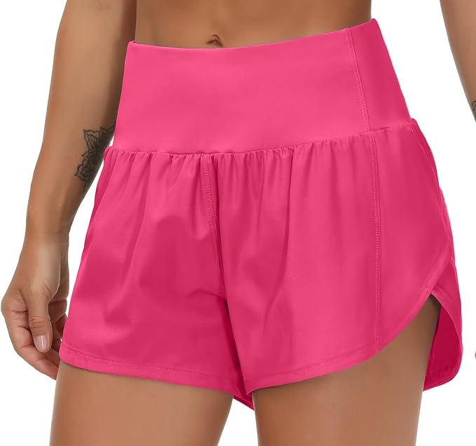 THE GYM PEOPLE Womens High Waisted Running Shorts Quick Dry Athletic Workout Shorts with Mesh Liner Zipper Pockets( Bright Pink) - Image 3