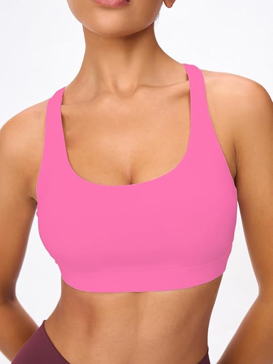 Women's Strappy Sports Bras Light Compression Crop Criss Cross Back Padded Workout Yoga Bra Supportive U Neckline( Hot Pink) - Image 2