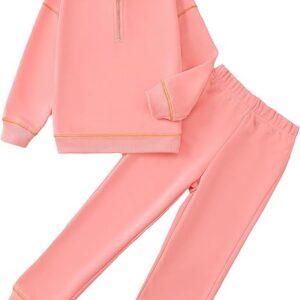 Fall Winter Outfits 2 Piece Clothing Set Zipped Up Pocketed Hoodies Sweatpants Kid Sweatsuit Jogger (Pink)