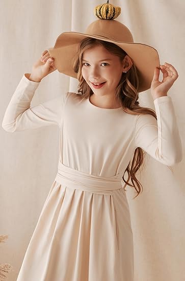 Dress Long Sleeve Crossed Belt Dress with Pockets for Fall Winter Spring(Beige) - Image 5