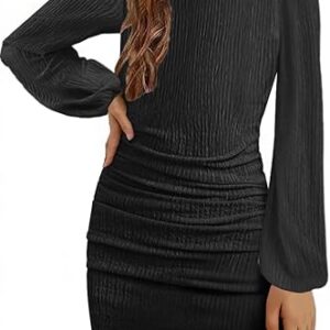 Girls Fall Dress Long Sleeve Formal Short Dress with Slit Ruched Bodycon Party Prom Dance Graduation (Black)