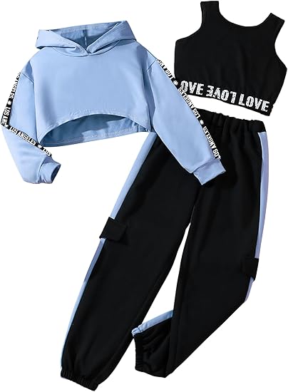 Girls Graphic 3 Piece Outfits Workout Hoodie Crop Tank and Sweatpants Set(Blue Black)