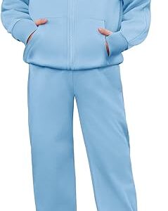 Girls 2 Piece Outfit Drop Shoulder Zip Up Hoodies and Sweatpant Clothing Set with Pockets(Light Blue)
