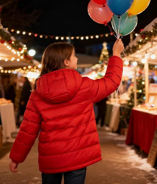 Hooded Puffer Jacket for Girls 4-12T Packable Down-Alternative Warm Coat Shiny Outerwear for Kids Winter (Red) - Image 3