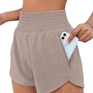 BMJL Women's Athletic Shorts High Waisted Running Short Pocket 2.5" Sporty Shorts Gym Elastic Workout Shorts(Khaki)