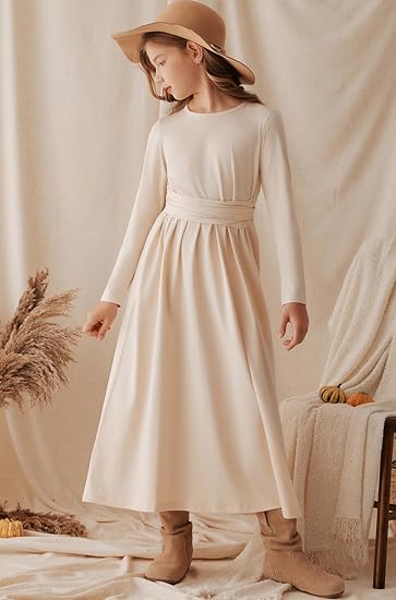 Dress Long Sleeve Crossed Belt Dress with Pockets for Fall Winter Spring(Beige) - Image 3