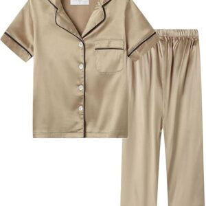 Mud Kingdom Little Girl Satin Silk Pajamas Set Short Sleeve Button Down 2 Piece Summer Loungewear(Apricoat)