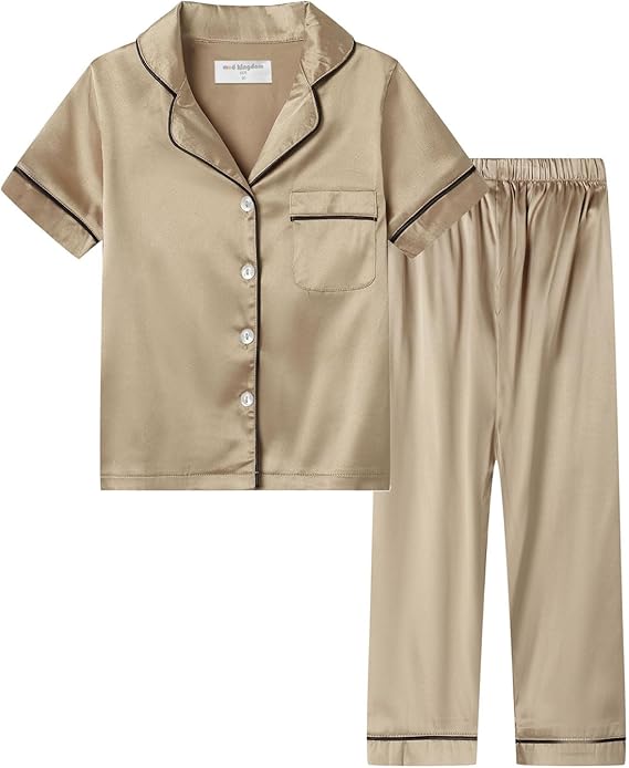 Mud Kingdom Little Girl Satin Silk Pajamas Set Short Sleeve Button Down 2 Piece Summer Loungewear(Apricoat)
