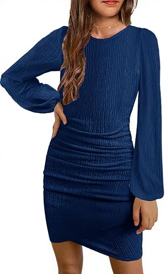 Girls Fall Dress Long Sleeve Formal Short Dress with Slit Ruched Bodycon Party Prom Dance Graduation (Deep Blue)