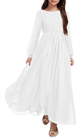 Girls Long Sleeve Maxi Dress Vintage Chiffon A-Line Formal Junior Bridesmaid Dresses for Fall Wedding Party(White) - Image 5