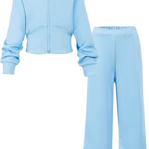 Girls 2 Piece Outfits Hoodie Zip Drop Shoulder Sweatshirt and Sweatpants Set with Pockets Sweatsuit Fall Clothes(Blue)