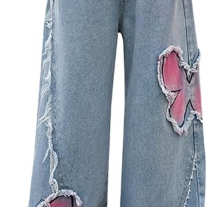 Kids Girls Jeans Distressed Elastic Waist Baggy Denim Wide Leg Pants Trousers (Pant 2)
