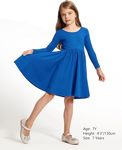 Long Sleeve Girls Dress Toddler White Dresses Skater Twirl Cotton A-Line Dress for School Casual(Blue) - Image 4