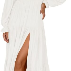 ZESICA Women's Boho Sexy Off Shoulder Long Sleeve Long Maxi Dress(White)