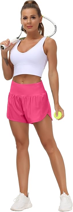 THE GYM PEOPLE Womens High Waisted Running Shorts Quick Dry Athletic Workout Shorts with Mesh Liner Zipper Pockets( Bright Pink) - Image 4