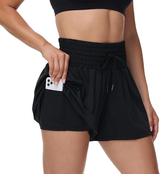 Blaosn Flowy Athletic Shorts for Women Gym Workout Running Short Pants High Waist Skort with Pocket Casual Summer Clothes( Black)