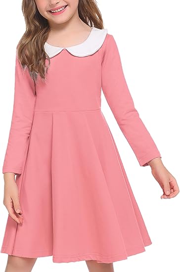 Girls Long Sleeve Dress Casual Vintage Peter Pan Collar Swing Party Dress(Pink)