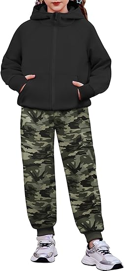 Girls 2 Piece Outfit Drop Shoulder Zip Up Hoodies and Sweatpant Clothing Set with Pockets(Black camo)