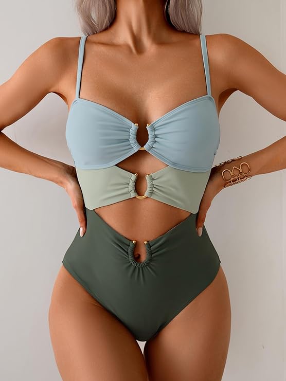 Eomenie One Piece Swimsuit for Women Ring Linked Monokini Sexy Bathing Suit Cutout Swim Suit( Green Color Block) - Image 3