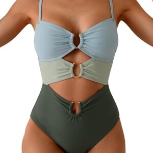 Eomenie One Piece Swimsuit for Women Ring Linked Monokini Sexy Bathing Suit Cutout Swim Suit( Green Color Block)