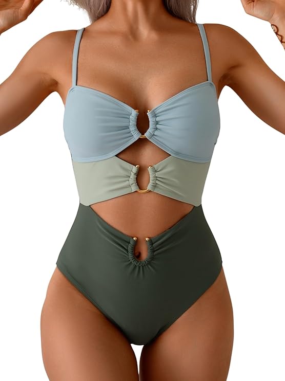 Eomenie One Piece Swimsuit for Women Ring Linked Monokini Sexy Bathing Suit Cutout Swim Suit( Green Color Block)