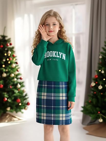 Girls 2 Piece Outfits Cami Dresses Hoodie Clothing Set Plaid Bodycon Dress Crop Top Sweatshirt Fall Winter Clothes(Green) - Image 3