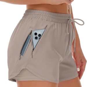 Mancreda Women's Running Shorts with Liner 3 Zipper Pockets Elastic Workout Athletic Gym Yoga Shorts(Khaki)