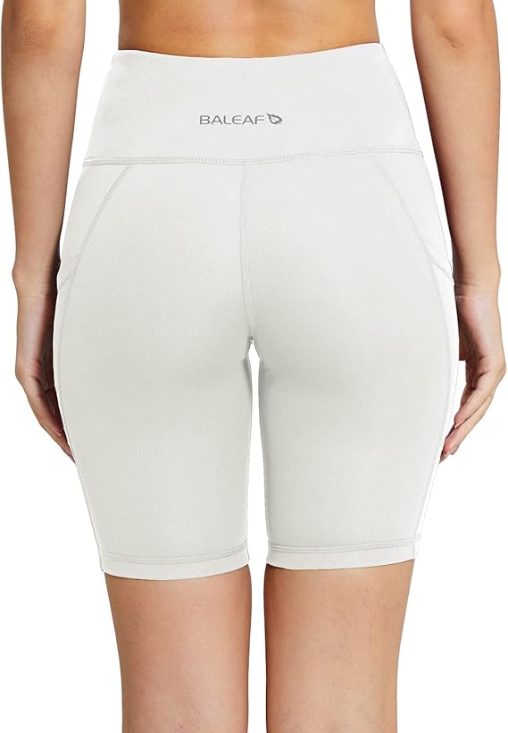 baleaf Women's 8" Biker Shorts High Waist Yoga Workout Gym Running Volleyball Spandex Shorts with Pockets(White-classic) - Image 4