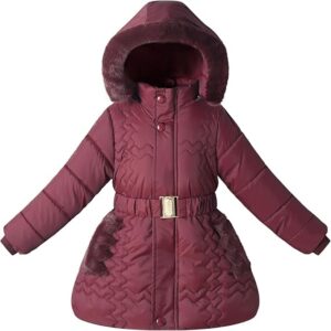 Winter Jacket Coat with Fur Hood Size 4-10 Warm Fleece Lined Puffer Outwear(Rosered)