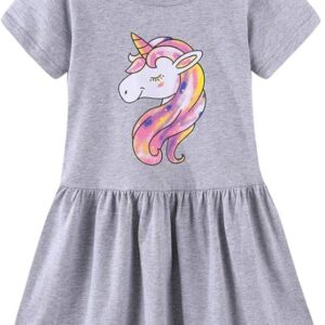 Mud Kingdom Cute Girls Unicorn Dresses Cotton Summer Short Sleeve(Unicorn S-gray)