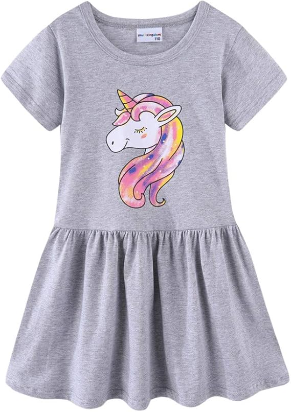 Mud Kingdom Cute Girls Unicorn Dresses Cotton Summer Short Sleeve(Unicorn S-gray)
