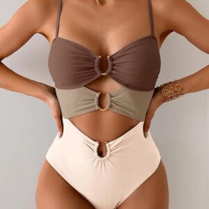 Eomenie One Piece Swimsuit for Women Ring Linked Monokini Sexy Bathing Suit Cutout Swim Suit(Brown Color Block)
