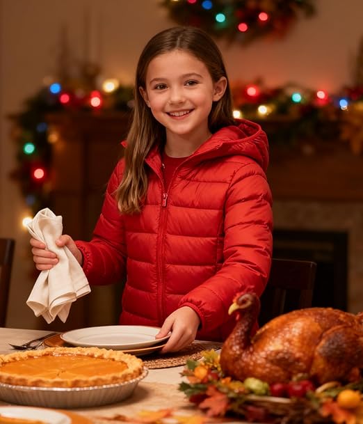 Hooded Puffer Jacket for Girls 4-12T Packable Down-Alternative Warm Coat Shiny Outerwear for Kids Winter (Red) - Image 4