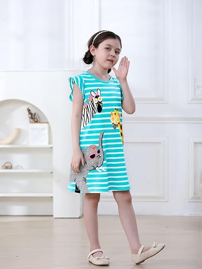 oddler Girls Cotton Summer Short Sleeve Dress Cartoon Print Casual Jersey Dresses(Giraffe&elephant) - Image 4