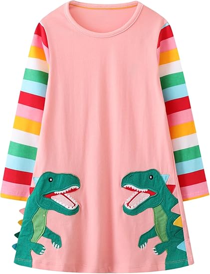 Toddler Girl Cotton Casual Dress Cartoon Appliques Short Sleeve Tunic Jersey Clothing(Dinosaurs & Pink)