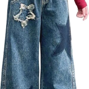 Kids Girls Jeans Distressed Elastic Waist Baggy Denim Wide Leg Pants Trousers