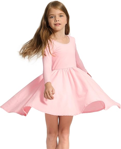 Long Sleeve Girls Dress Toddler White Dresses Skater Twirl Cotton A-Line Dress for School Casual(Pink)