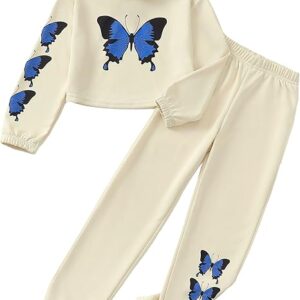 Girls' Clothing Set Butterfly Print Crop Top Hoodies Sweatpants(Beige)