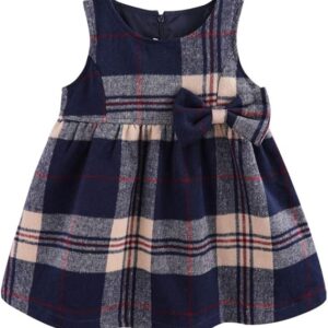 Mud Kingdom Little Girls Sleeveless Dress Plaid Faux Wool Holiday Merry Christmas Loose Fit Cute Bow(Navy Blue)