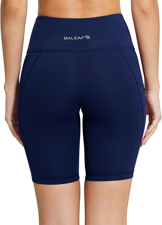 baleaf Women's 8" Biker Shorts High Waist Yoga Workout Gym Running Volleyball Spandex Shorts with Pockets(Navy Blue-classic) - Image 4